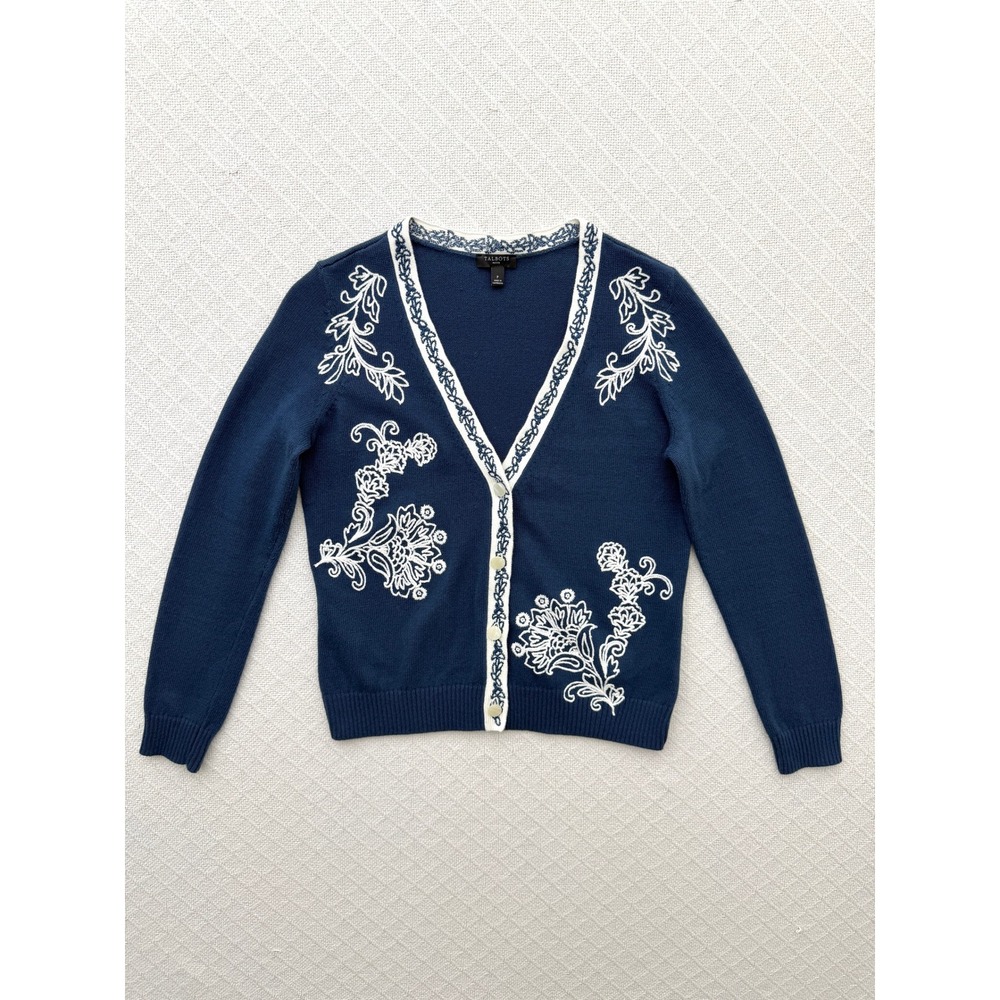 Talbots Petite Navy Floral Embroidered Cotton V-Neck Cardigan Sweater Size P